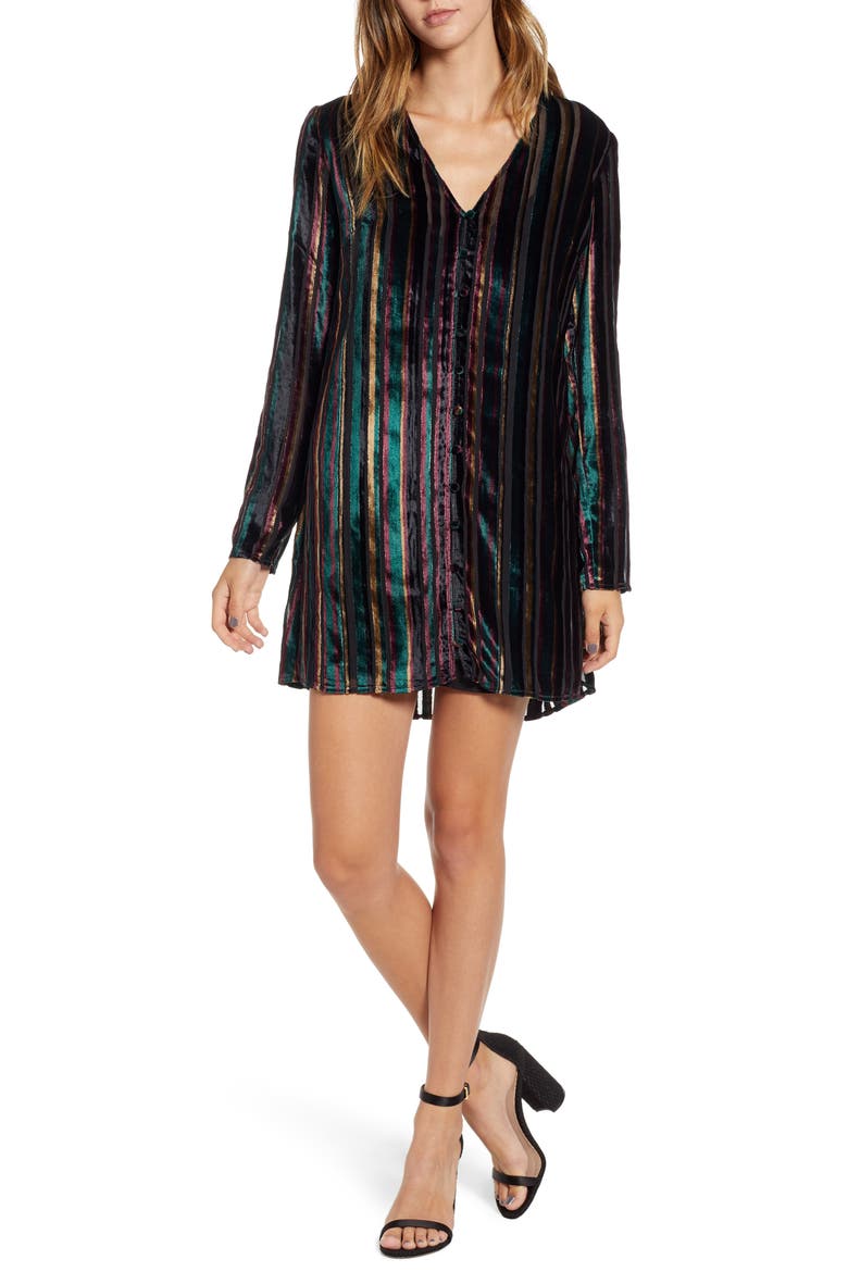 Long Sleeve Button Front Dress, Main, color, BLACK VELVET STRIPE