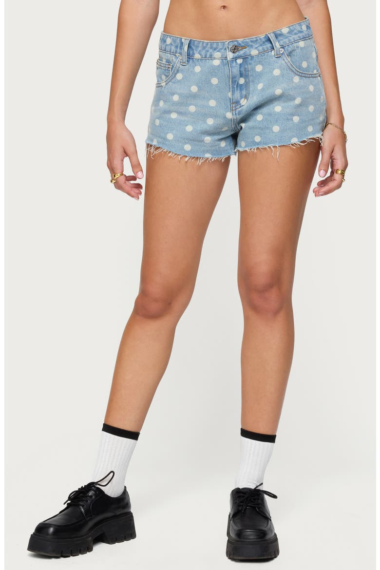 Josie Polka Dot Cutoff Denim Shorts, Main, color, BLUE-WASHED