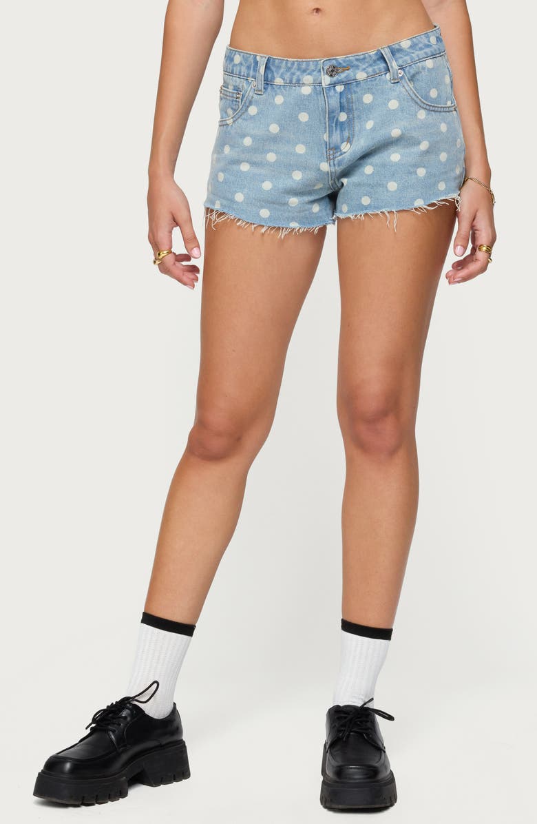 EDIKTED Josie Polka Dot Cutoff Denim Shorts, Main, color, Blue-Washed