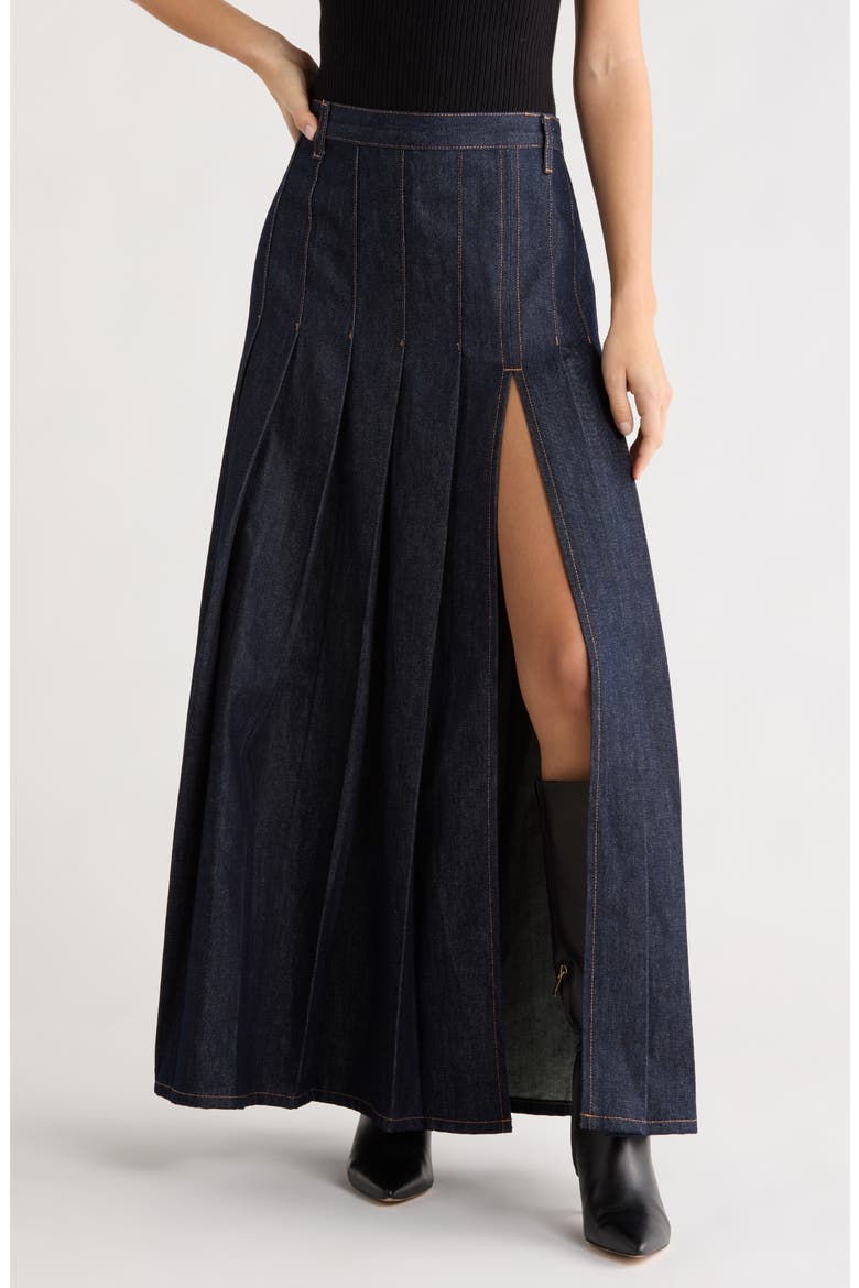 Pleated Denim Maxi Skirt, Main, color, INDIGO