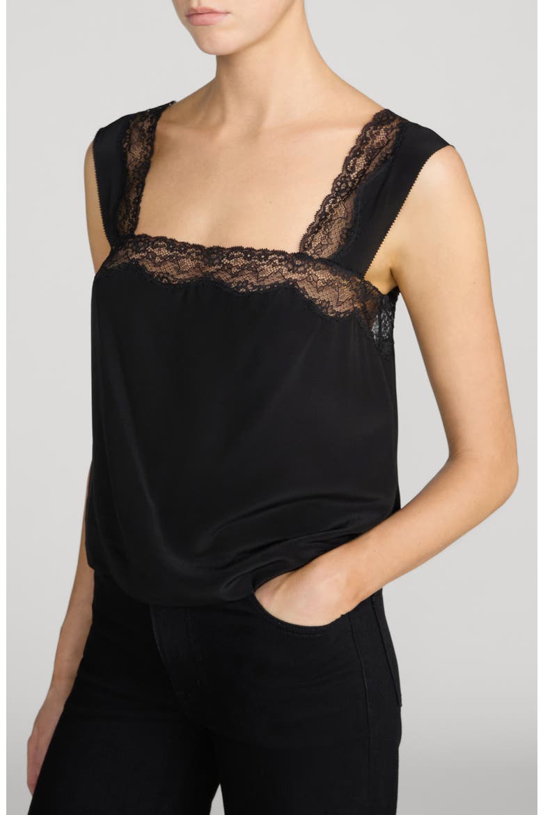 The Chandelier Lace Trim Silk Camisole, Alternate, color, BLACK