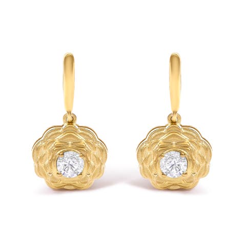 14K Yellow Gold Plated Sterling Silver 5/8 Cttw Lab Grown Diamond Flower Drop Earrings
