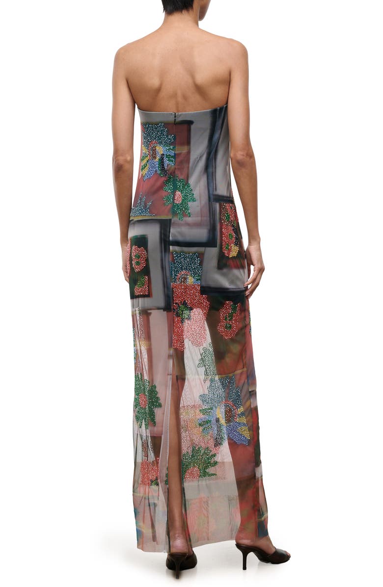 STAUD Lilian Floral Bead Detail Strapless Mesh Maxi Dress, Alternate, color, Superbloom