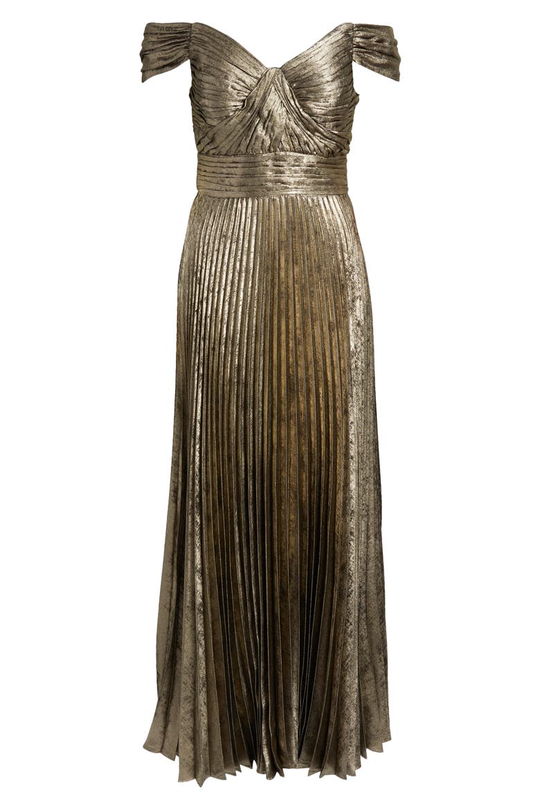 Metallic Off the Shoulder Pleated Gown, Alternate, color, GOLD