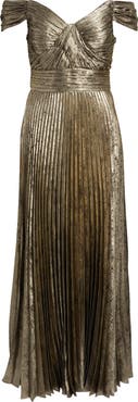Tahari ASL Metallic Off the Shoulder Pleated Gown