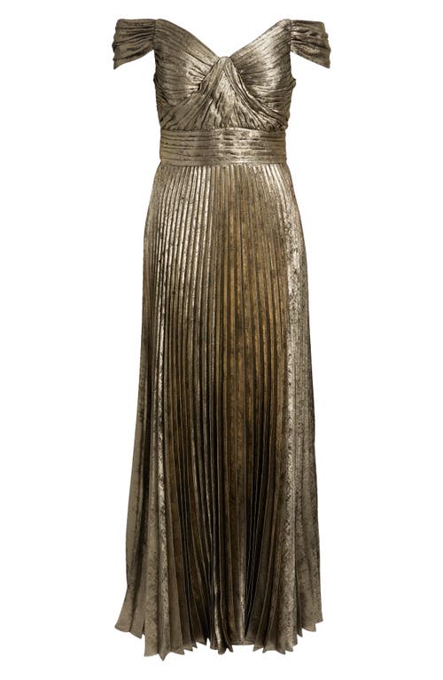 Tahari Asl Metallic Off The Shoulder Pleated Gown In Gold