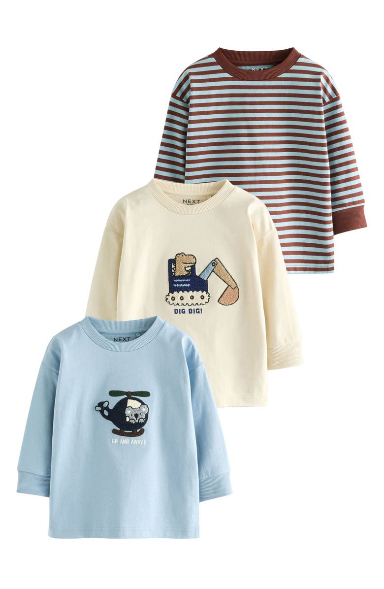 NEXT Kids' Assorted 3-Pack Critter & Stripe Long Sleeve Cotton T-Shirts, Main, color, Neutral/ Blue