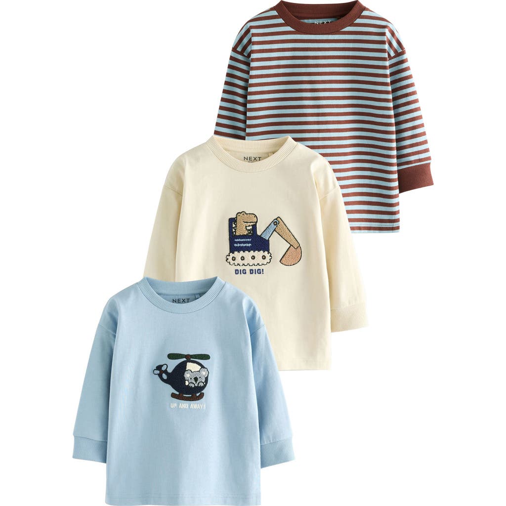 Next Kids' Assorted 3-pack Critter & Stripe Long Sleeve Cotton T-shirts In Multi