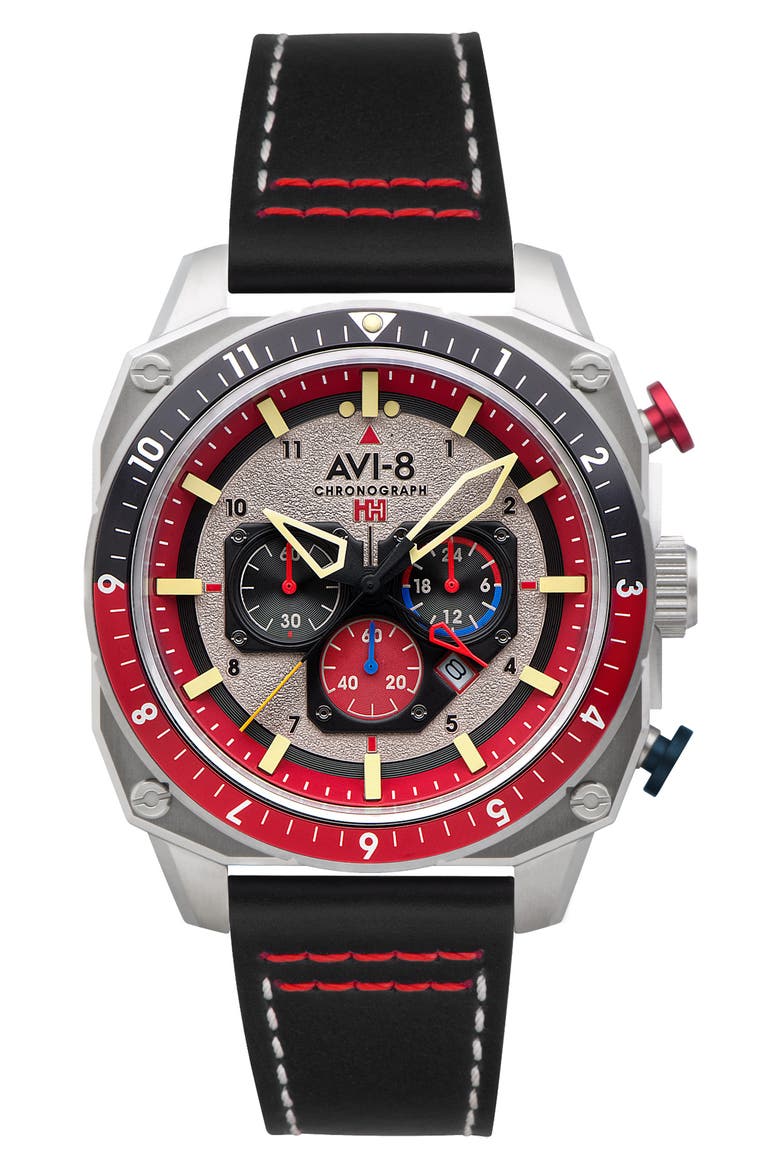 Hawker Hunter Atlas Hazard Red Dual Time Chronograph Leather Strap Watch, 43mm, Main, color, GREY
