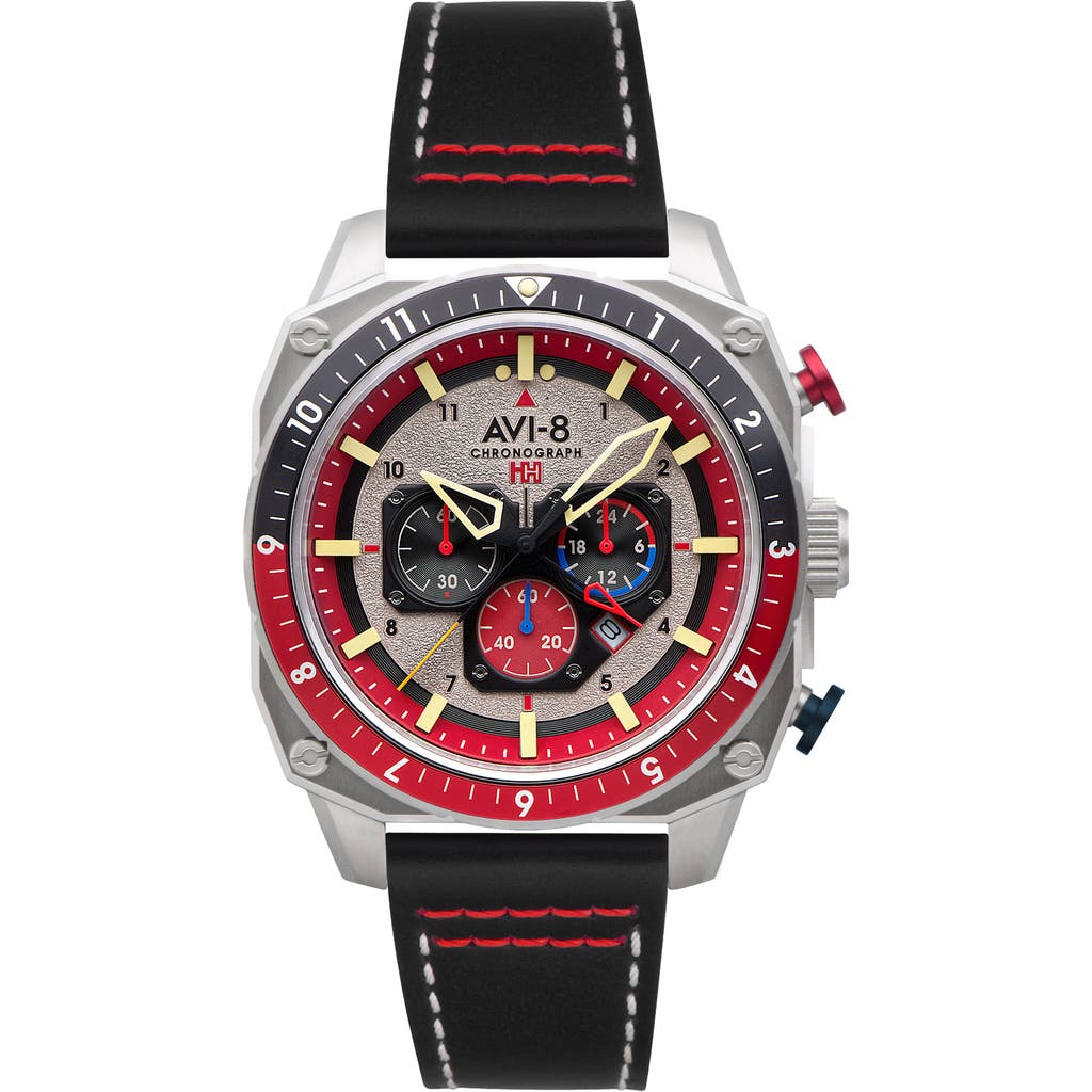 Avi-8 Men's Hawker Hunter Atlas Dual-time Chronograph Black Leather Strap Watch, 43mm In Black