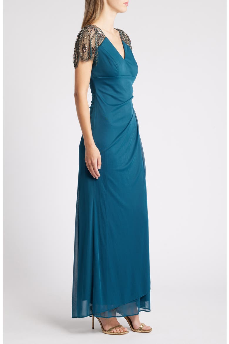 Xscape Beaded Sleeve Ruched Column Gown, Alternate, color, NEO EMERALD