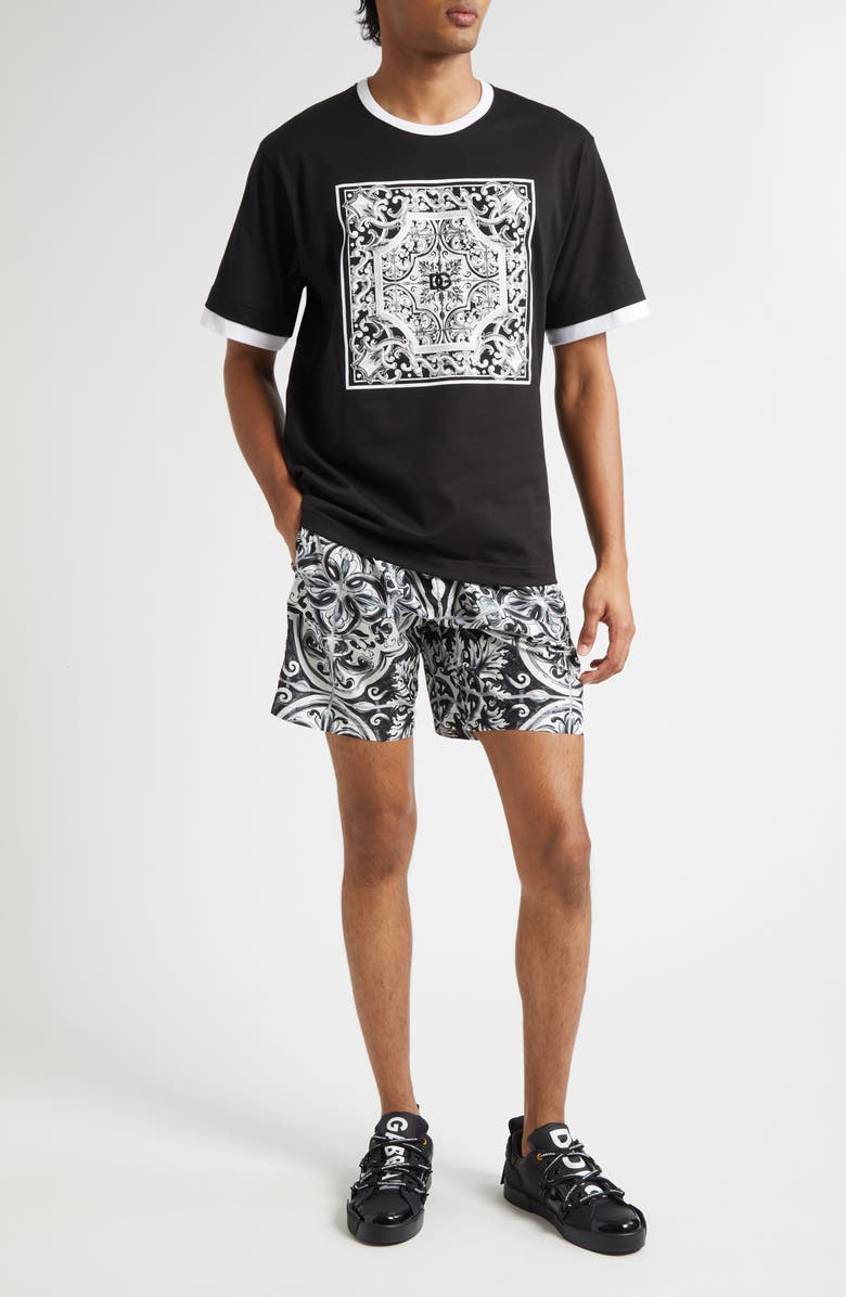Dolce&Gabbana Majolica Print Swim Trunks, Alternate, color, Hy5dq Maiolica 2L Nero