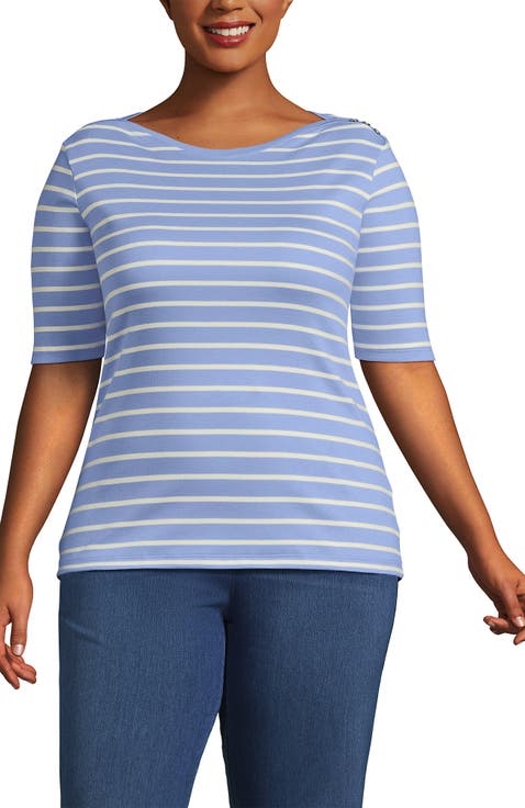 Supima Cotton Elbow Sleeve Boatneck Button Shoulder Tee