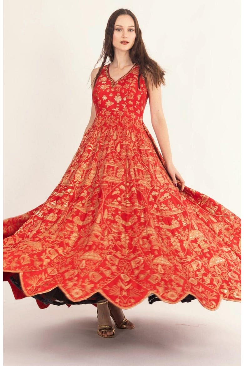 Azalea Jacquard Silk Gown, Alternate, color, Red