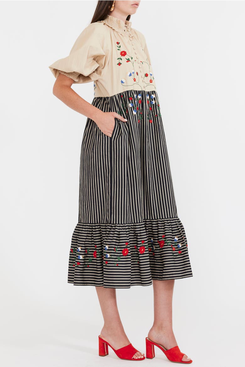 Eliza Embroidered Maxi Dress, Alternate, color, Black Khaki Stripe