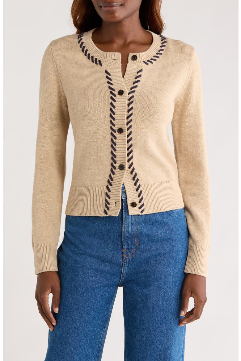 Norah Contrast Detail Cotton Blend Cardigan, Main, color, OAT NAVY BLANKET STITCH