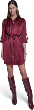 HALSTON 3/4 Sleeve Satin Shirt Dress