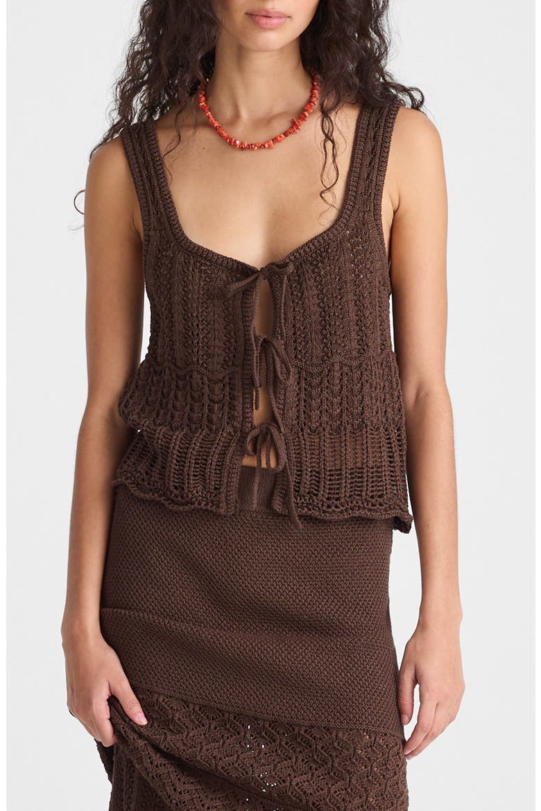 Pointelle Stitch Tie Front Cotton Sweater Tank, Main, color, DARK BROWN