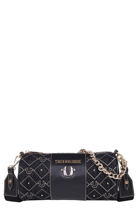 Studded Horseshoe Denim Barrel Bag