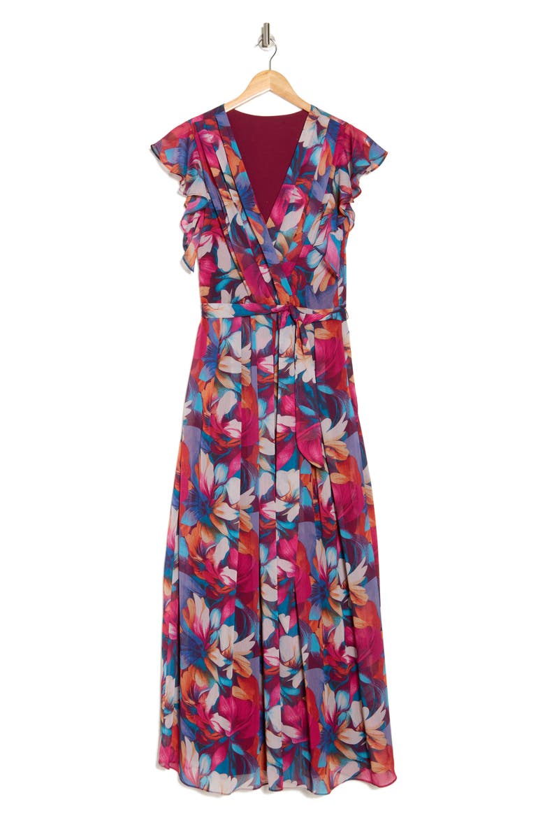 Floral Flutter Sleeve Pleated Maxi Dress, Alternate, color, FUCHSIA MULTI