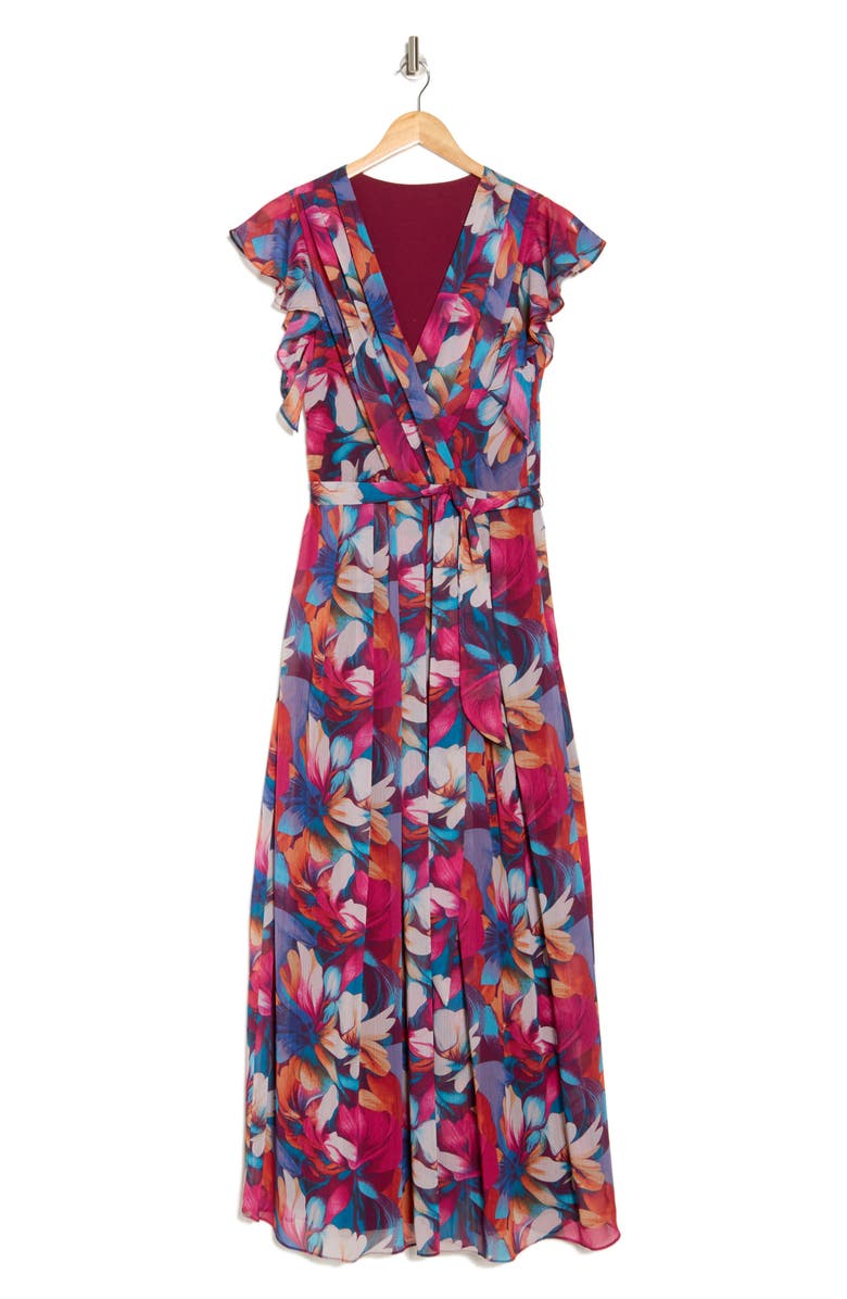 Donna Ricco Floral Flutter Sleeve Pleated Maxi Dress, Alternate, color, Fuchsia Multi