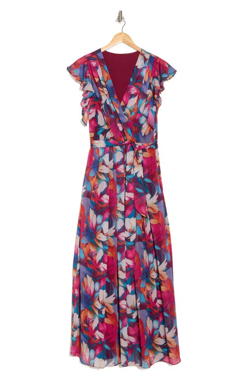 Donna Ricco Floral Flutter Sleeve Pleated Maxi Dress