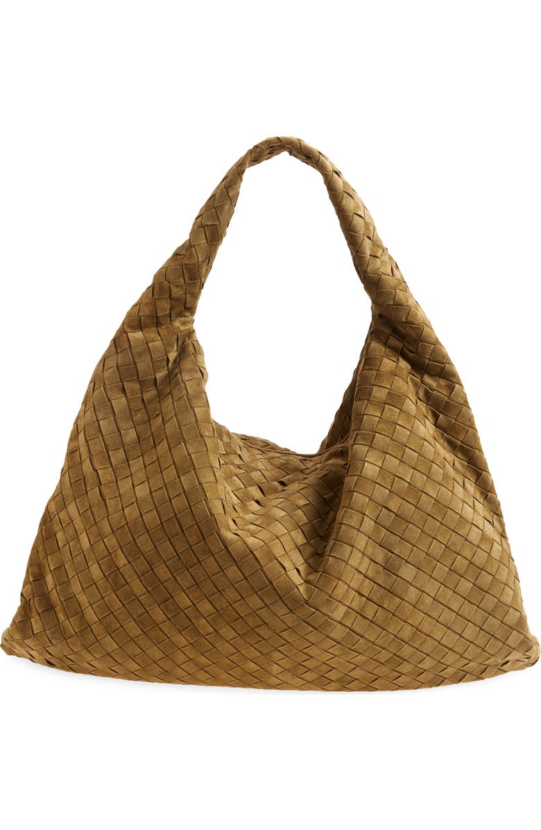 Bottega Veneta Large Hop Intrecciato Suede Hobo Bag, Main, color, 2859 Mud-M Brass