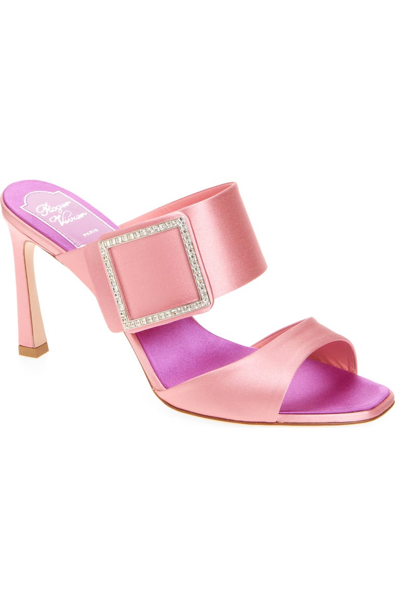 Roger Vivier Trompette Crystal Buckle Satin Sandal, Main, color, Rosa Antico Chiaro