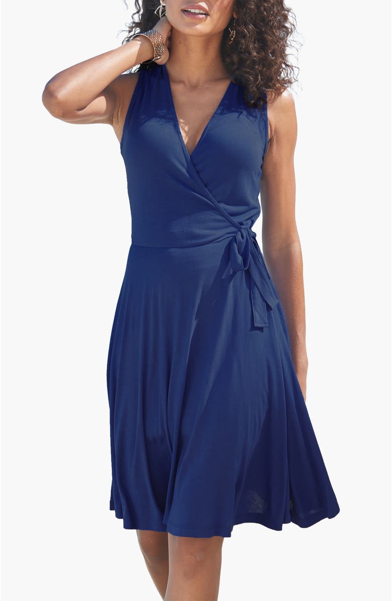 LASCANA Women's Sleeveless Wrap Look Dress, Main, color, Blue