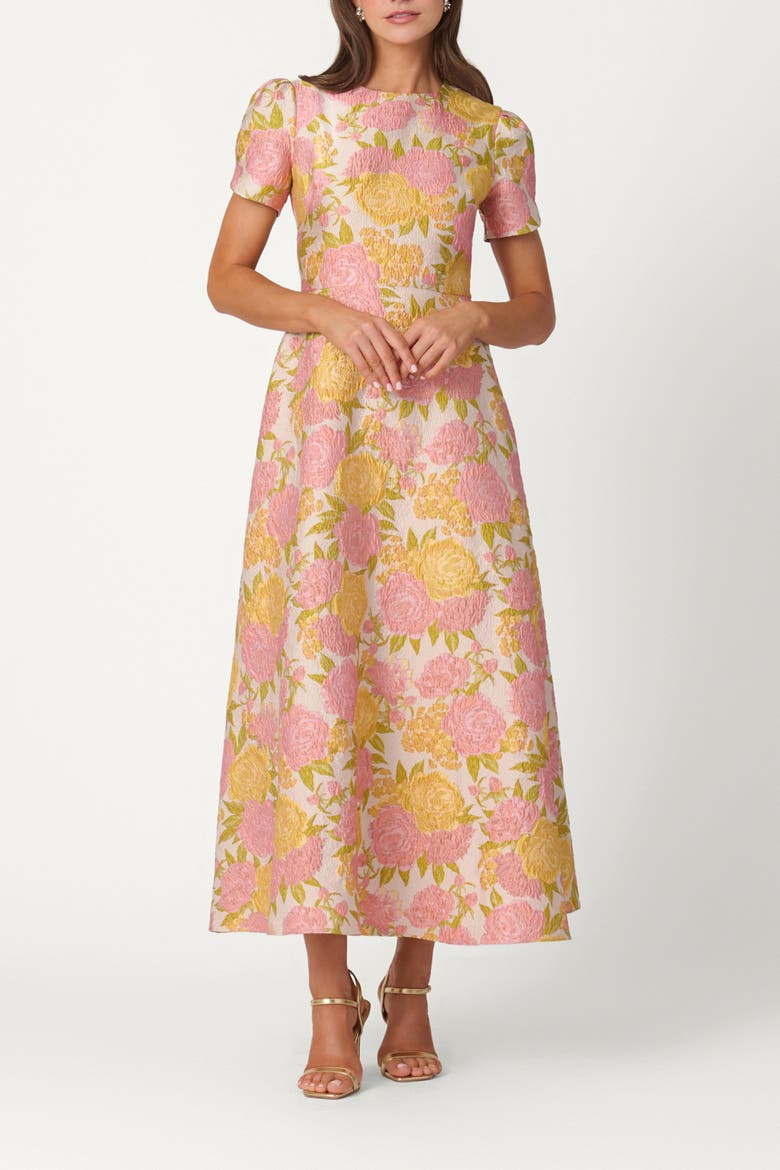Midnight Sunset Floral Jacquard Vivianne Dress, Main, color, Amber/Blush