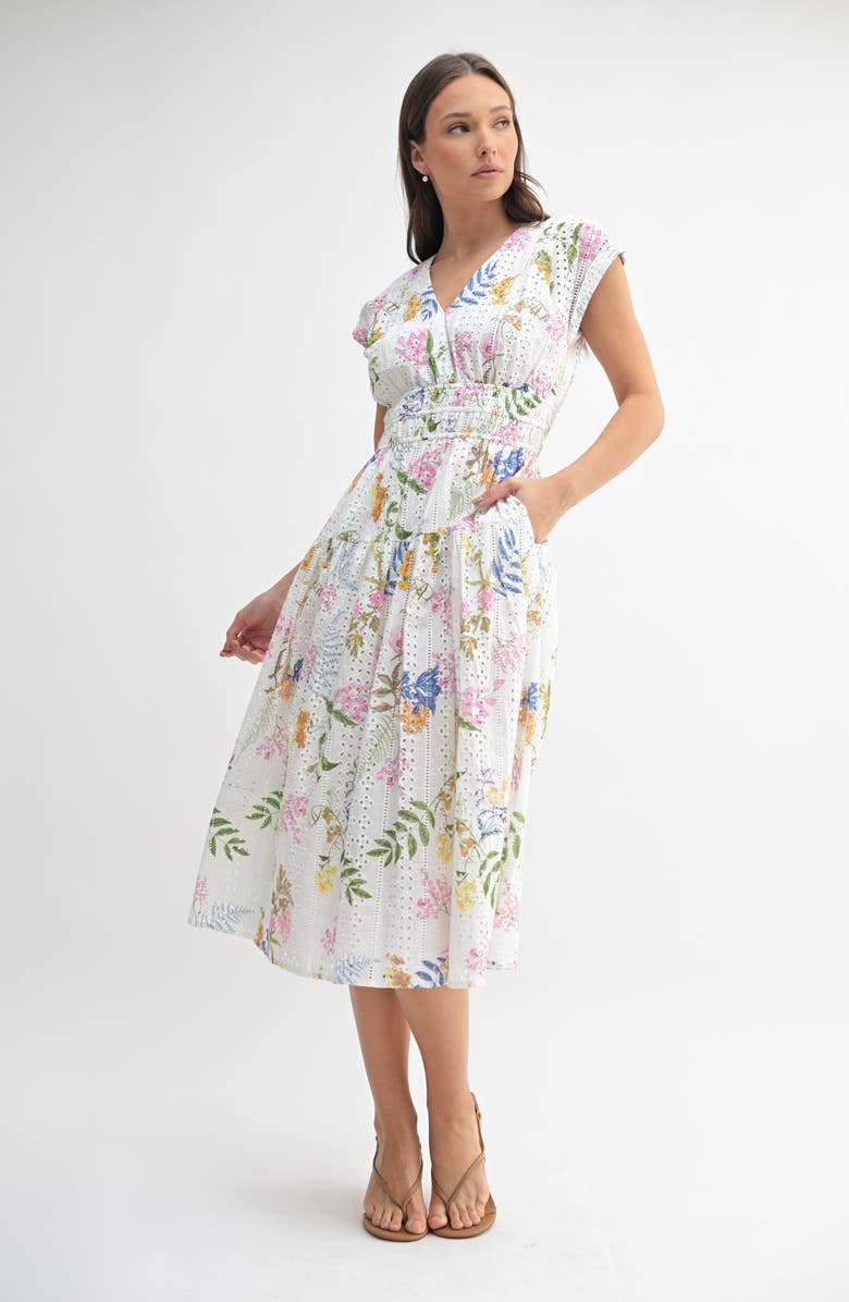 Mila Mae Eyelet A-Line Midi Dress, Alternate, color, White Multi Floral