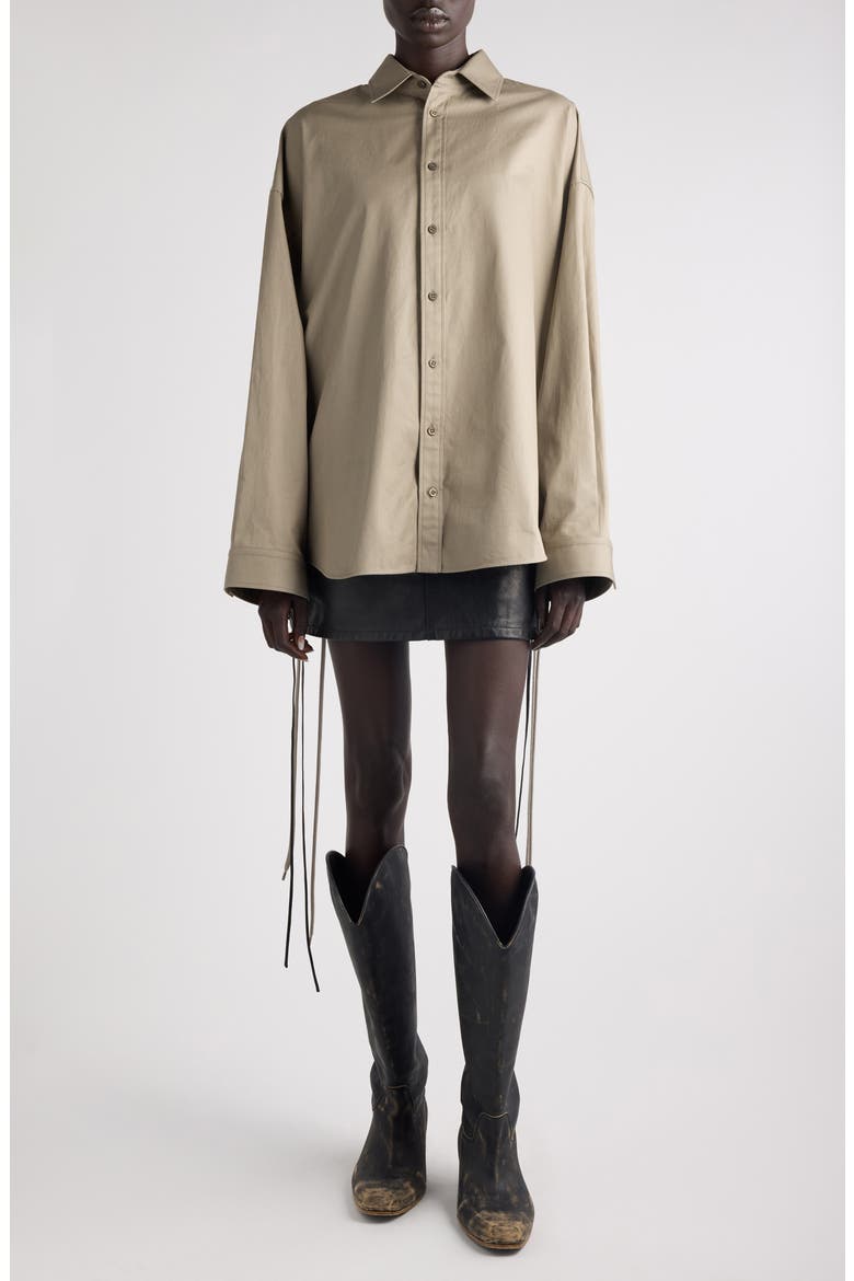 Lace-Up Detail Oversize Cotton Gabardine Button-Up Shirt, Main, color, 9506 SAND BEIGE