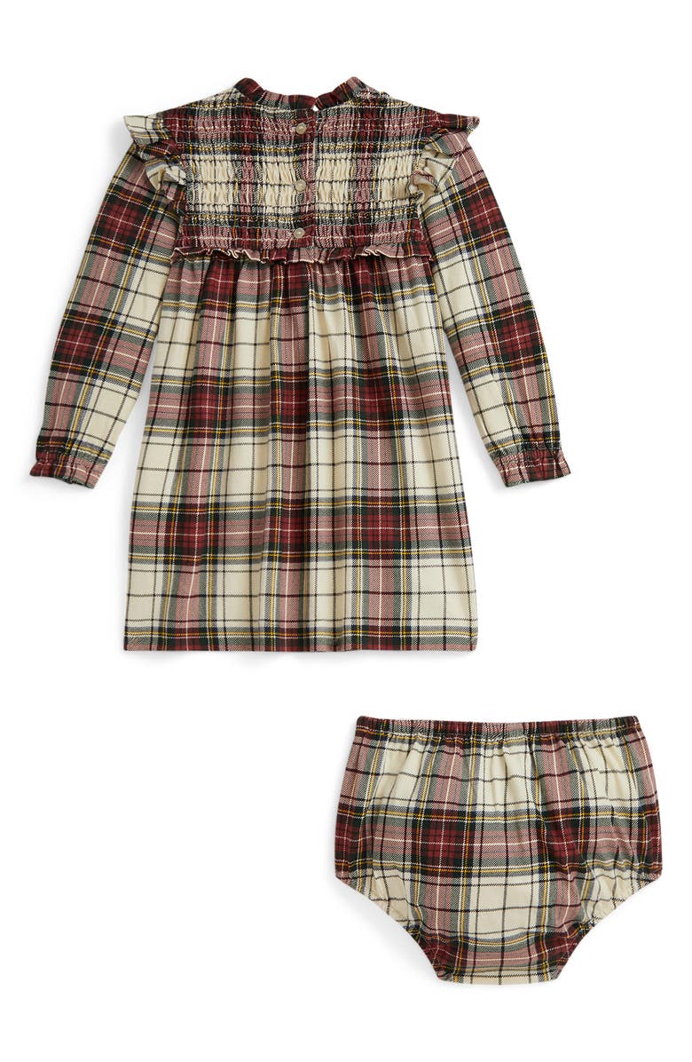 Ralph Lauren Plaid Long Sleeve Cotton Smocked Bodice Dress & Bloomers, Alternate, color, Beige Multi