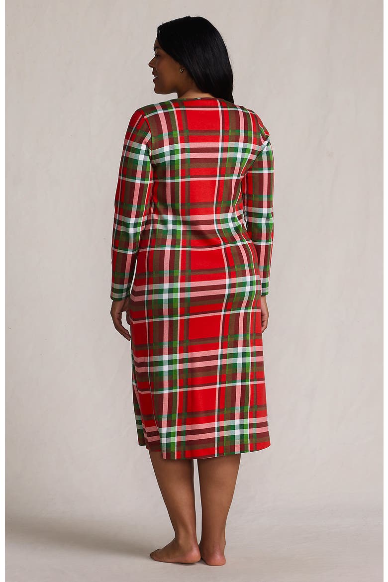 Cotton Long Sleeve Midcalf Nightgown, Alternate, color, Compass Red/Emerald Plaid