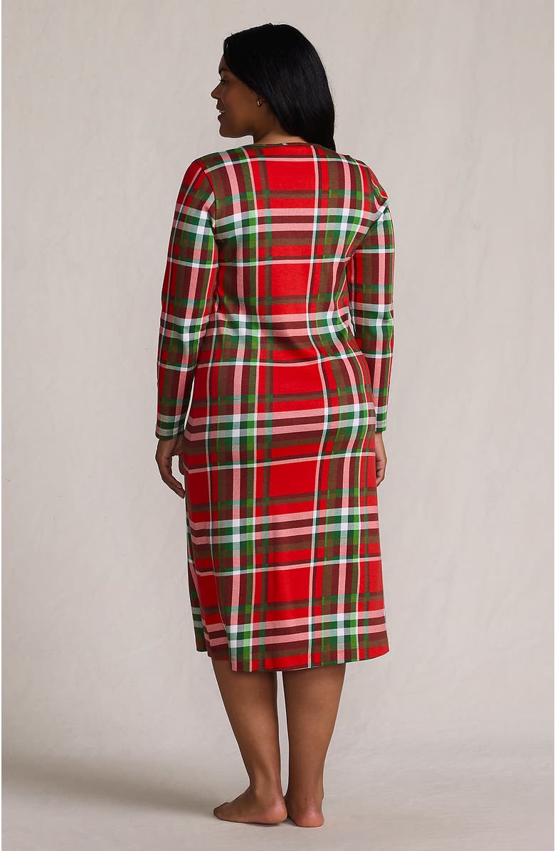 Lands
 End Cotton Long Sleeve Midcalf Nightgown, Alternate, color, Compass Red/Emerald Plaid