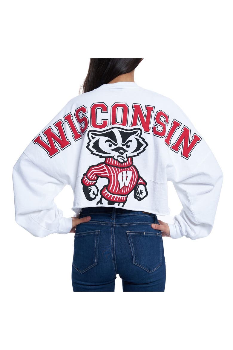 Women's White Wisconsin Badgers Raw Hem Cropped Spirit Jersey Long Sleeve T-Shirt, Alternate, color, WHITE