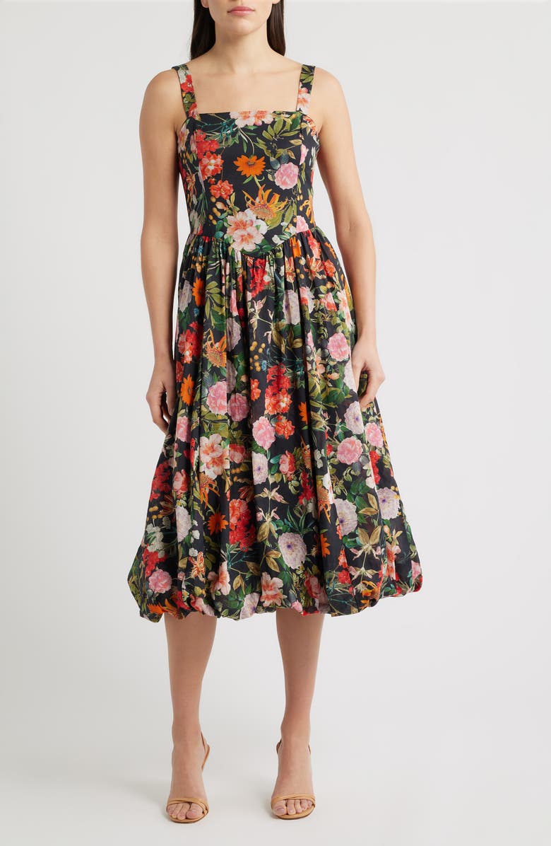 Julia Jordan Floral Basque Waist Fit & Flare Midi Dress, Main, color, Black Multi