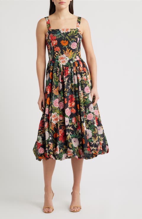 Floral Basque Waist Fit & Flare Midi Dress