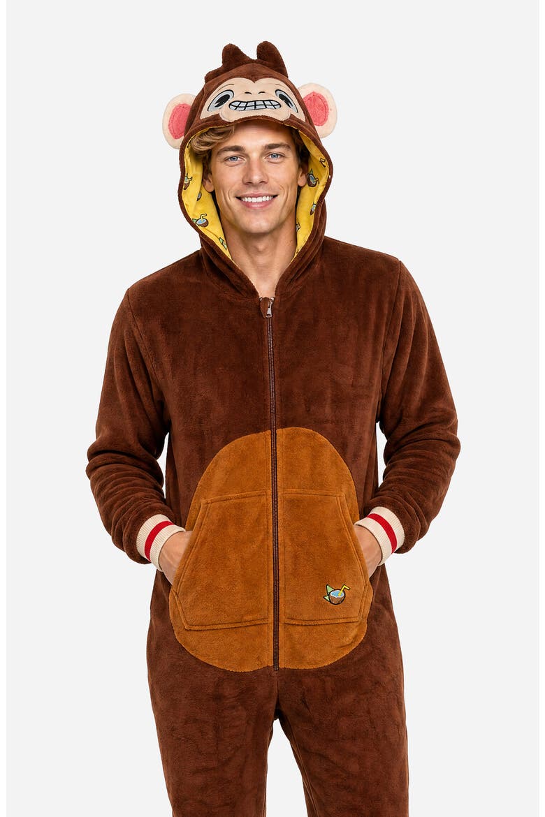 Monkey Hooded Fleece Jumpsuit, Alternate, color, BROWN