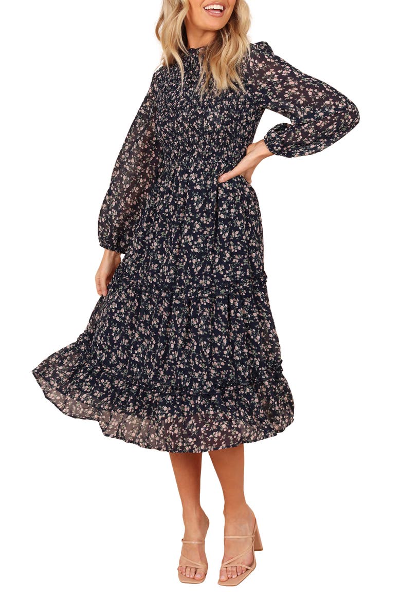 Edwina Floral Long Sleeve Tiered Midi Dress, Main, color, NAVY FLORAL