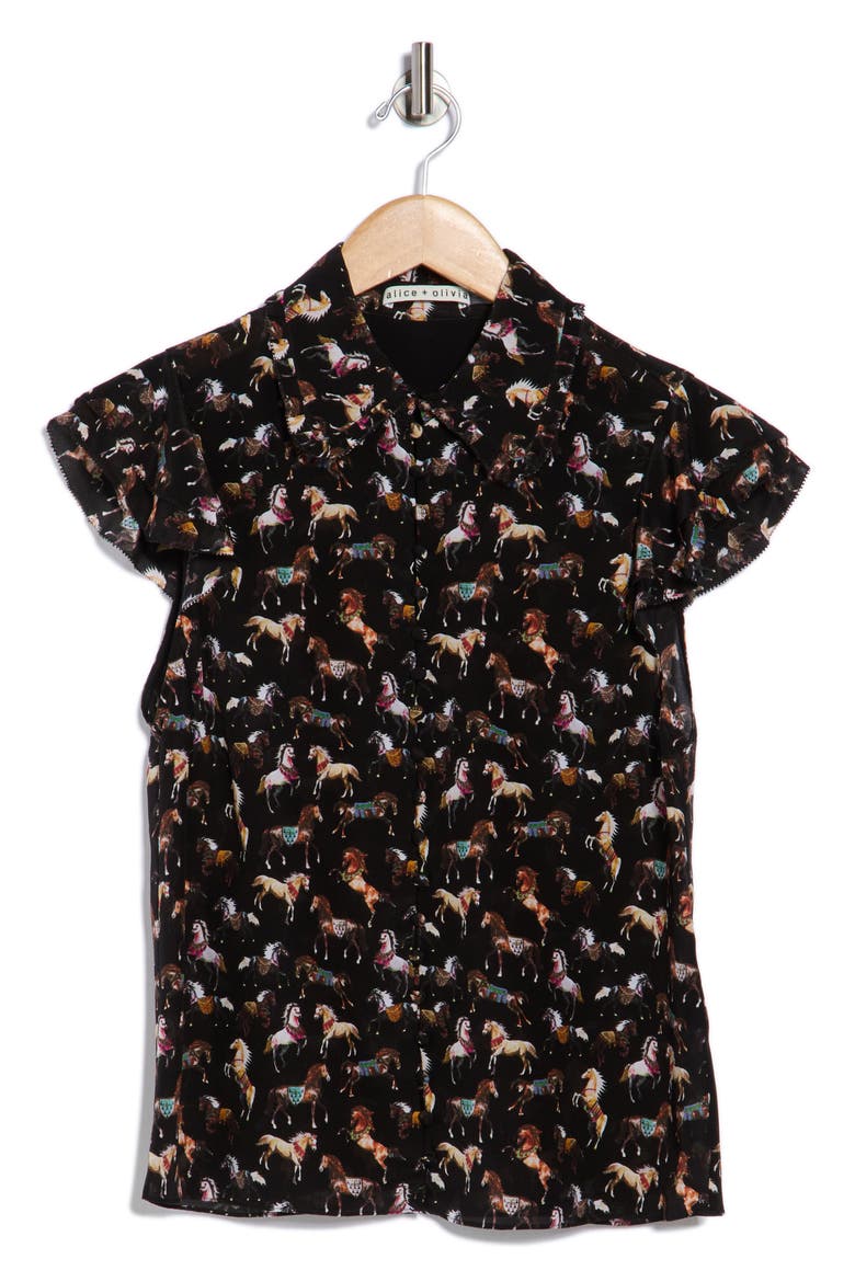 Martel Flutter Sleeve Silk Button-Up Top, Alternate, color, WILD HORSE