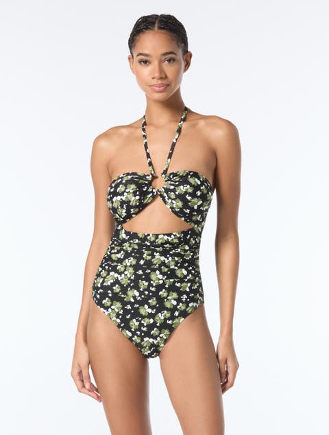 ★ PISCESS★ Flower Stripe One Piece Swimsuit Green 5008225 PISCESS Flower Stripe One-Piece Swimsuit - Plum