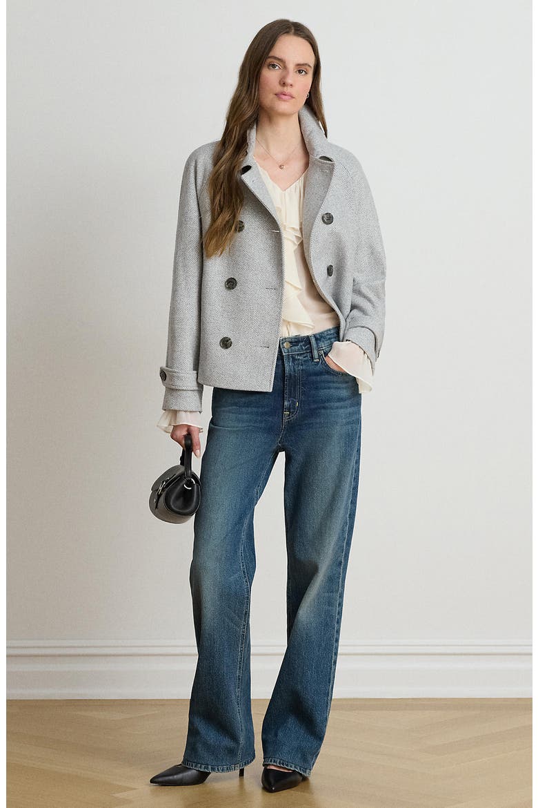 Double Breasted Wool Blend Crop Coat, Alternate, color, CREAM/ GREY HERRINGBONE