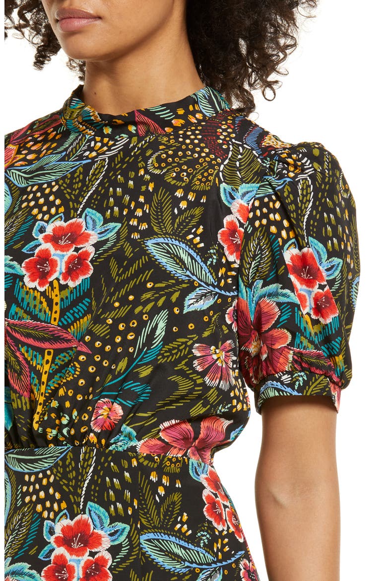 Floral Print Tie Neck Midi Dress, Alternate, color, BLACK MULTI