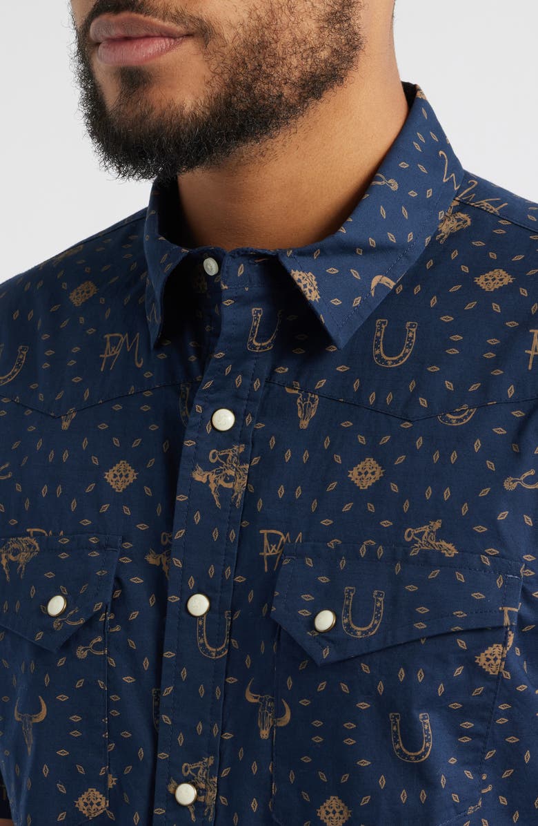 Pendleton Laramie Horseshoe Print Short Sleeve Snap-Up Western Shirt, Alternate, color, Western Navy