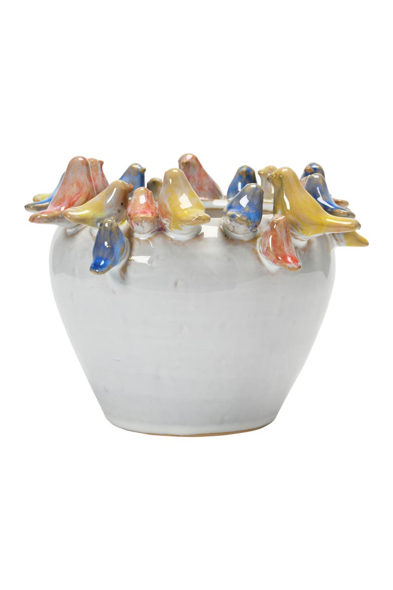 Decorative Stoneware Planter with Birds on Rim and Reactive Glaze, Multicolor, Alternate, color, Cream