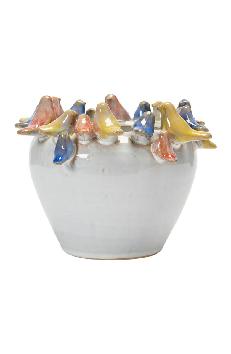 Storied Home Decorative Stoneware Planter with Birds on Rim and Reactive Glaze, Multicolor, Alternate, color, Cream