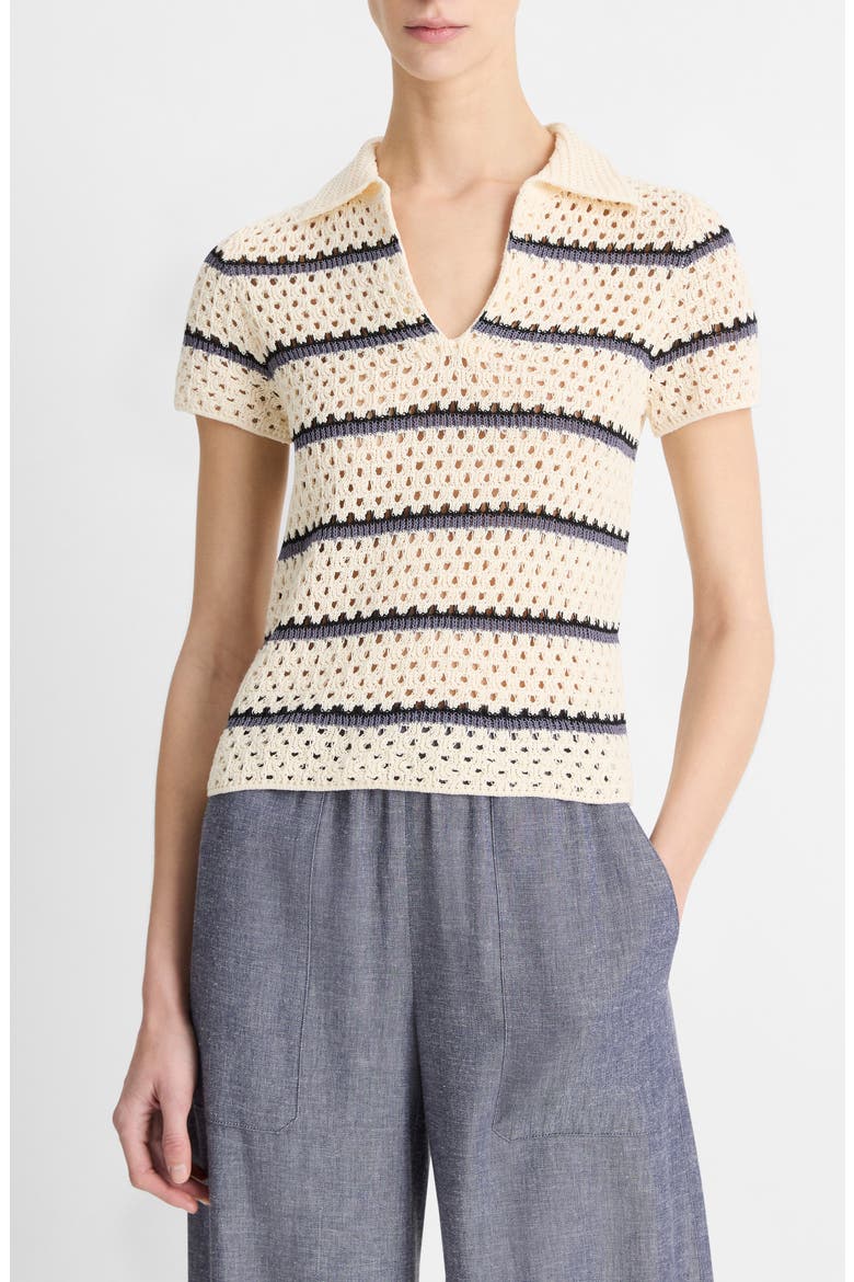 Open Stitch Cotton Johnny Collar Sweater, Main, color, OFF WHITE COMBO