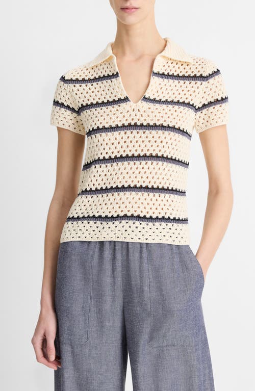 Vince Open Stitch Cotton Johnny Collar Sweater In Off White Combo