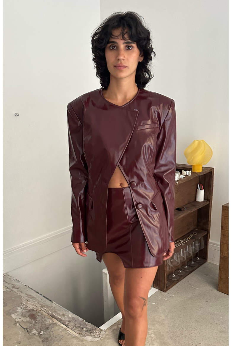 Sculptural Faux Leather Suit Jacket, Alternate, color, Burgundy
